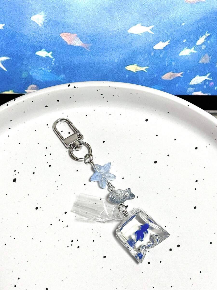 可爱海洋蓝1件海洋蓝鱼包可爱手机挂绳吊坠钥匙扣海星CCD挂链配饰金鱼生日礼物派对春季 - 藍色 - 查看 1