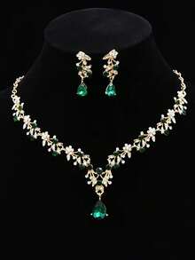 3件套新娘水钻时尚女士V领绿色耳环项链宴会首饰套装 - 綠色 - 查看 1