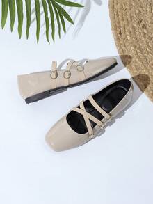 复古学院风玛丽珍鞋，三条绑带设计，百搭休闲女鞋 - 杏色 - 查看 5