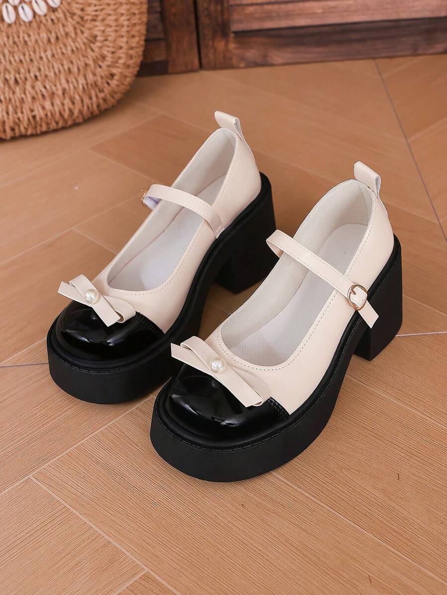 Giày Mary Jane da màu tối cho nữ, đế dày, thiết kế cao gót, phong cách học viện Nhật Bản, giày Lolita đa năng.