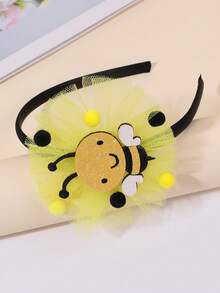 1pc Women's Bee Decorated Headband, Yellow Mesh Hair Band, Black & Yellow Fluffy Ball Decor, Cute Glitter Bee Hair Hoop, Cartoon Spring/Picnic Hair Accessory, Suitable For Teenagers - Yellow - View 6