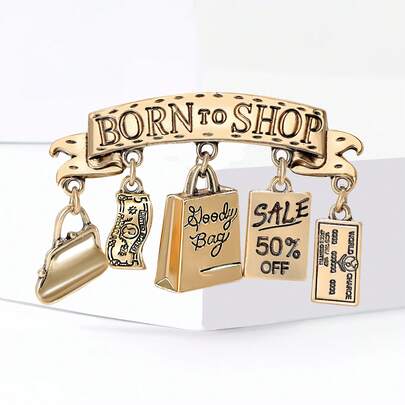 Born To Shop Brooch Pin For Women - Cute Money Bag Letter Tag Brooch For Sweater Jacket Hat Shoes Outfit Accessory