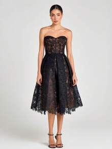 Dress Women's Skinny Bandeau Dress Sexy Embroidered Lace Dress - Black - View 1