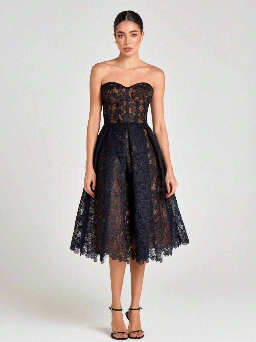 Dress Women's Skinny Bandeau Dress Sexy Embroidered Lace Dress - Black - View 1