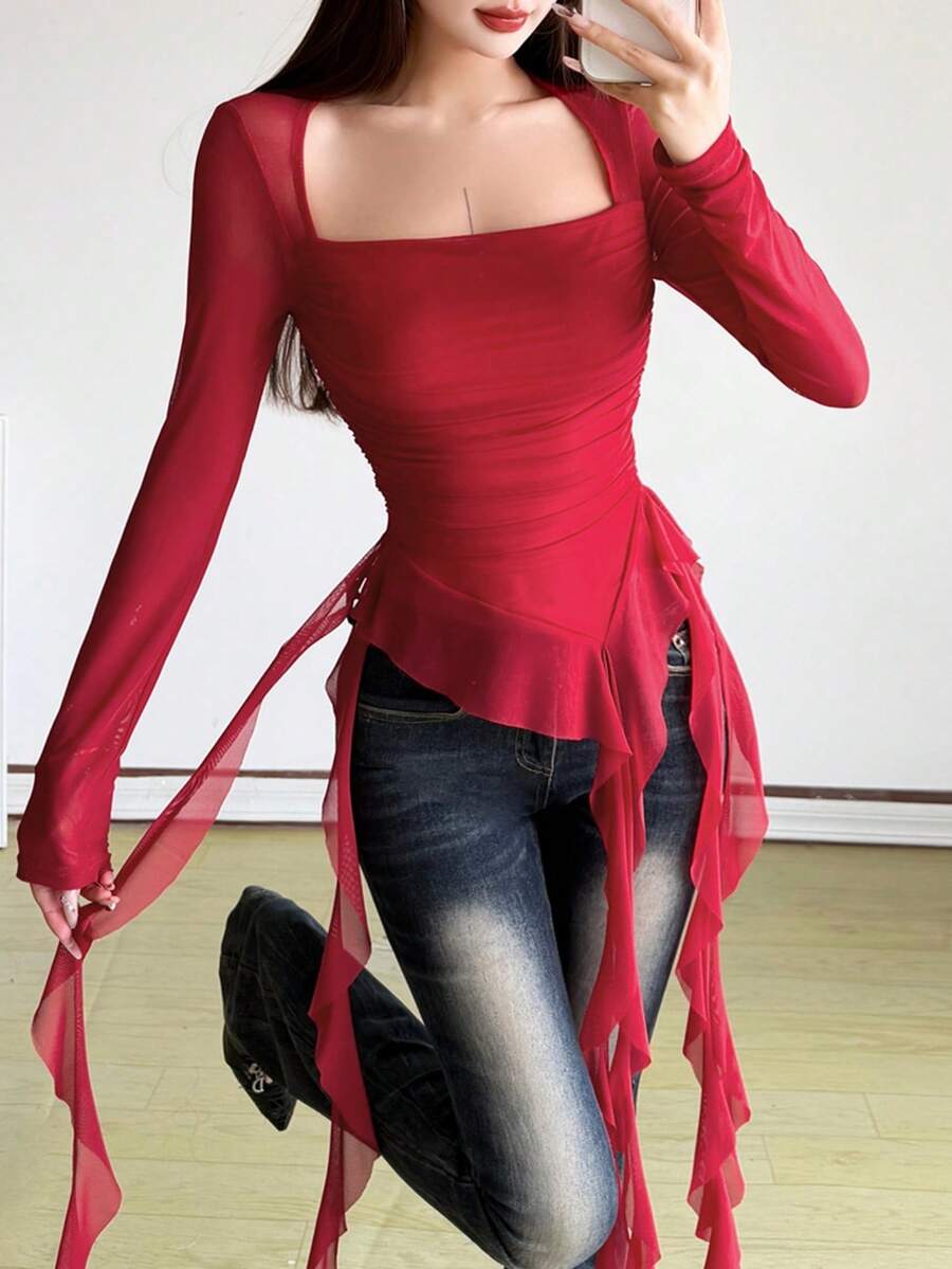 Blusa versátil de manga larga con cuello cuadrado, ajustada, con parches de flecos y unicolor - Burdeos - Ver 1