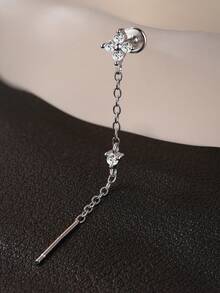 1Pc Dainty Delicate 925 Sterling Silver Chain Tassel Moissanite Piercing Earrings Set, 3-Prong Clover Design Flat Back Cartilage Studs, Hypoallergenic Jewelry Gift For Women Girls Daily Wear Party Wedding Season - Silver - View 7