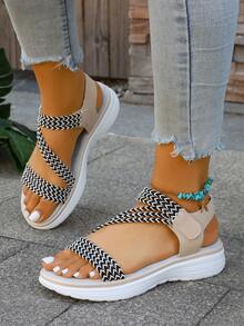 Women's Flat Woven Casual Sandals, Minimalist Beach Peep-Toe Sandals - Beige - View 1