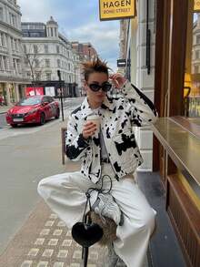 Women's Retro American Street Style Contrast Color Cow Print Jacket, Loose Fit Flattering, Niche Design Short Jacket Vacation Spring - Black and White - View 3