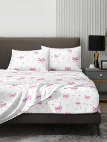 4件套粉色蝴蝶结心形图案床单套装，易于打理的超细纤维柔软床上用品套装，含床笠（1张床单+1张床笠+2个枕套），床笠套装，适用于特大号、大号、标准双人床和单人床尺寸，床笠深口袋设计，枕套最大可达11.8英寸，柔软透气，不易起皱，更有利于睡眠，奢华酒店风格，送给父母、朋友的礼物 - 粉色 - 查看 2