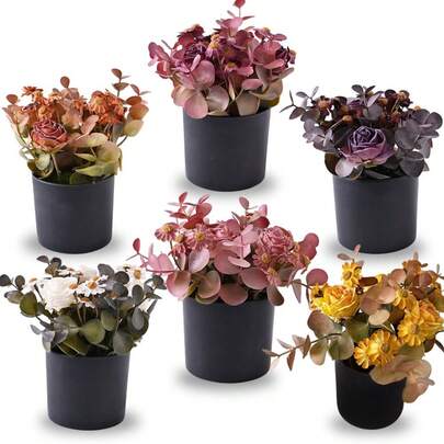 Decoración de rosas en maceta, flores artificiales en maceta, plantas artificiales miniatura, flores artificiales pequeñas para decoración interior, rosas falsas adecuadas para el hogar, baño, cocina, oficina, centros de mesa para bodas y fiestas