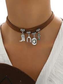 1件波西米亚风苏项链复古羽毛帽牛角新月吊坠复古皮革项链 - 彩色 - 查看 1