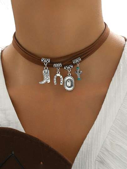 1件波西米亚风苏项链复古羽毛帽牛角新月吊坠复古皮革项链