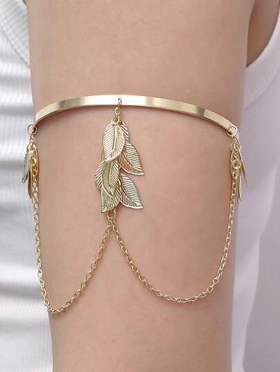 1pc Elegant & Comfortable Gold Tassel Leaf Arm Cuff, Minimalist & Chic Bracelet For Women