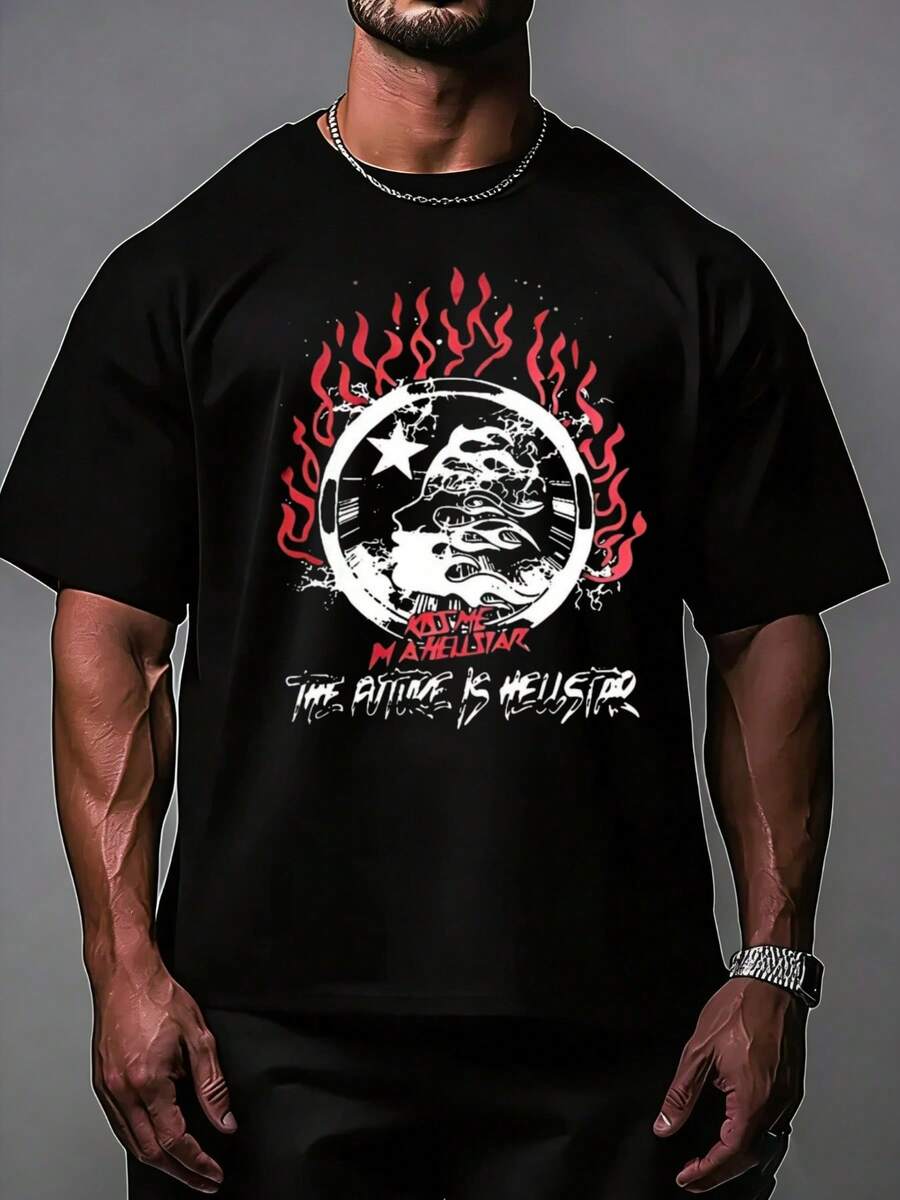 Hellstars The Future Is Hellstars Flame Head Y2K Graphic T-Shirt,220g 100% Cotton,Round Neck Short Sleeve,Black Streetwear Essential For Summer Going Out,Unisex Style - 黑色 - 查看 1