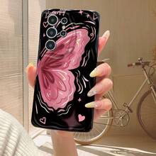 1pc Fashionable Graffiti Butterfly Pattern Asymmetric Cream Phone Case, Ideal Daily Use For Women, Compatible With Galaxy S23/S24/S25/S26/A57/A37/A17/A07, Pure Android Series - Black - View 3