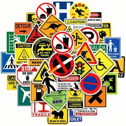 50/100张卡通警告标志涂鸦贴纸，警告标志贴花，适用于滑板、水瓶、装饰