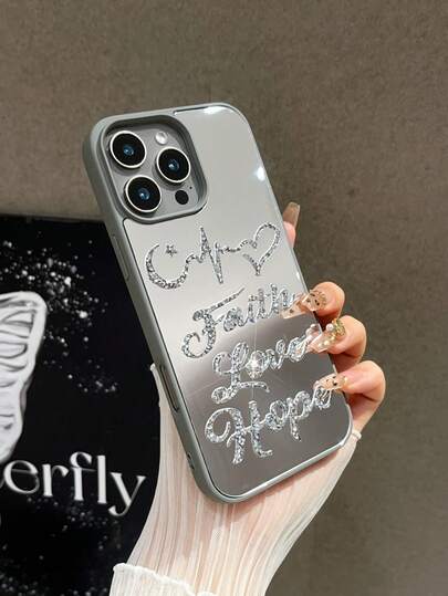 1个镶嵌水钻的励志标语图案爱心元素闪亮镜面全包覆舒适软边保护手机壳，兼容 17 Pro Max、16 Pro Max、15、14 Pro、13、12、11系列，包含励志标语元素，镜面手机壳，软边设计，易于安装，新款时尚手机壳