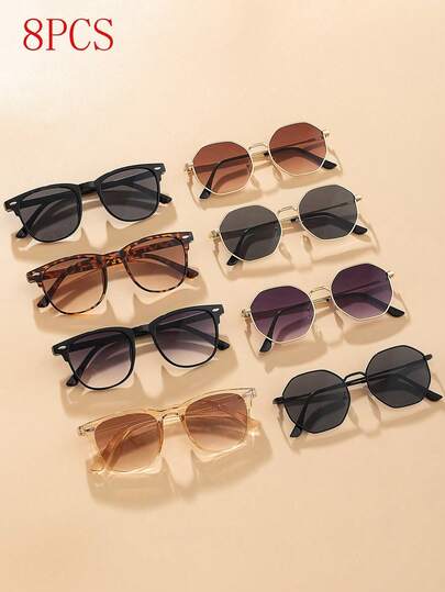 Bộ 8 chiếc kính râm thời trang gọng kim loại dành cho giới trẻ, kiểu dáng thường ngày, thích hợp cho hoạt động ngoài trời và chụp ảnh (bao gồm hộp đựng kính).