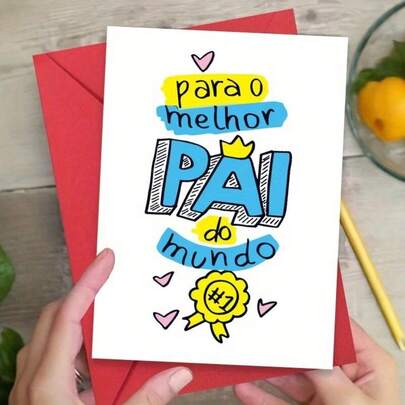 Father's Day And Birthday Card For Dad And Grandpa | Portuguese "O Mundo PAI" Theme With Crown, Heart, And Trophy Designs | Includes Multicolor Envelopes | Perfect Gift For Father's Day And Birthdays, Birthday Card | Themed Card | Colored