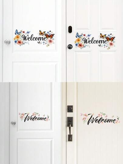1片装现代PVC自粘迎宾门贴，花卉蝴蝶图案，可移除不规则形状，适用于客厅卧室墙面装饰，一次性使用