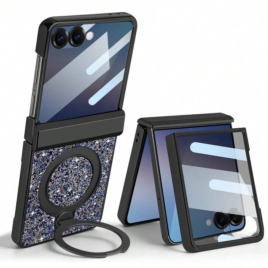 VIETAO Casing Ponsel Berhias Payet dan Rhinestone, Berkilau, Berlapis Elektrolit, dengan Braket Melingkar Tersembunyi, Kompatibel dengan Galaxy Z Flip 7 6, Casing Ponsel Pelindung Penuh dengan Engsel dan Pelindung Layar Kaca Tempered. - Biru - View 1