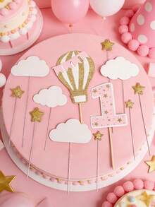 12 pièces Ensemble de décorations en papier pour gâteau de 1er anniversaire, comprenant fanions, étoiles, nuages, montgolfières, chiffre 1, couleur rose, convient pour baby shower et fête d'anniversaire - A - Voir 3