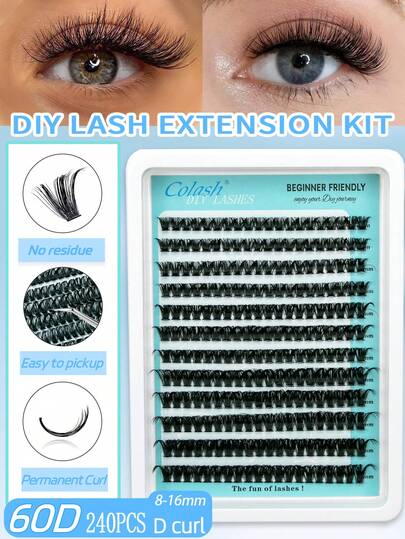Colash 12-Strip 240-Count Individual Eyelash Clusters With 60D D-Curl, Available In 8mm To 16mm Lengths. These DIY Lash Sets Are Super Dense, Feathery, And Offer A Realistic Finish. The Reusable Individual Lash Extension Kit Allows For Convenient At-Home Or Mobile Application, Suitable For Occasions Like Daily Wear, Weddings, Dating, Parties, Travel, And Spring-Themed Styles. The Collection Includes Lash Clusters, Individual Lashes, And Artificial Eyelashes