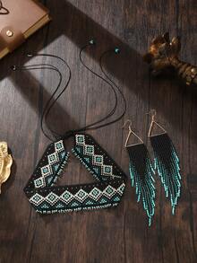 Bộ trang sức tua rua thủ công, phong cách Bohemian, cổ điển sang trọng, bộ trang sức tua rua thanh lịch dành cho nữ, bông tai hình tam giác phối màu gradient hình học, dây chuyền hình thoi điều chỉnh được, thiết kế độc đáo, phù hợp đeo hàng ngày, mẫu mới mùa xuân/hè, quà tặng ngày lễ, phụ kiện dự tiệc nghỉ dưỡng. - Bộ dây chuyền và bông tai - Xem 2