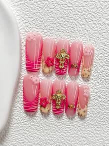 10Pcs Sweet  Edgy Heiress Style Polygel Nail Set,Acrylic Press-On Nails,Leopard Print Spots, 3D Rose-Pink Stars, Hollow Gold Crosses, Gold Starfish-With Jelly-Like Texture Nail Art Accessories,Comes With Nail Tools(1 Sheets Jelly Stickers+1PC Nail File)3 Sizes Available,Almond Nails, Duck Nails,Coffin Nail,Suitable For Daily, Dining Dates Leisure Entertainment,Travel Photography,Spring Summer,Commute Supplies Nails - Nhiều màu - Xem 4