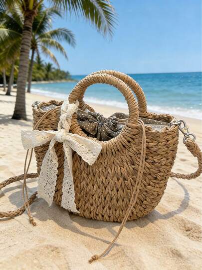This Stylish New Openwork Semi-Circular Straw Tote Bag Features A Novel And Unique Design, Making It The Perfect Choice For A Beach Vacation (Lining Style Is Random).