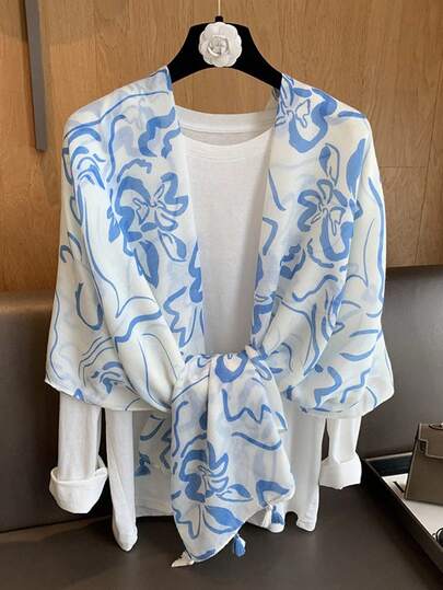 1pc Women's Printed Tassel Scarf, Travel Style