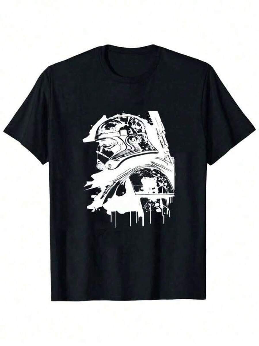 Printed Round Neck Short Sleeve STARs WAR Breathable Casual Cotton T-Shirt - Regular Fit Short Sleeve Round Neck, Summer Unisex Tee For Daily Wear & Birthday Gift, Solid Color Simple Design, Commuter T-Shirt, Durable Fabric T-Shirt, Darth Vaders Space Sci-Fi Gift, Y2k Street Wear, Stars War Fan T-Shirt,1 PC,Family Matching Outfits Graphic Tees Kids Clothes - màu đen - Xem 1