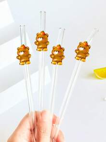 1/2/4入組可重複使用卡通玻璃吸管，內含熊熊裝飾，透明彎曲玻璃飲用吸管餐具組，適用於廚房配件、吸管蓋、冷飲、奶茶、咖啡、果汁、居家、餐廳、節日用品、夏季、畢業季 - 款式3 - 查看 2