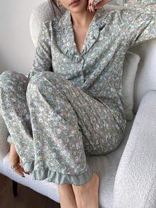 Dreamivo 绿色樱花印花荷叶边女士长袖睡衣套装 - 綠色 - 查看 1