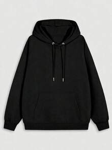 Men's Plain Oversized Kangaroo Hoodie With Hood And Front Pocket | Casual Streetwear Comfortable Winter Loose Fit Drawstring Pocket - 黑色 - 查看 2