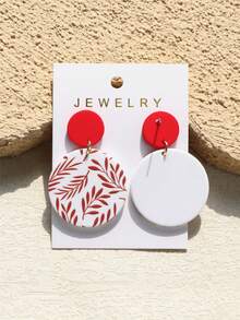 1 Pair Women's Leaf & Floral Print Red Ceramic Texture Elegant Round Acrylic Earrings - Multicolor - View 9