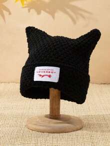 .1pc Men's Unique Cat Ears Sewn Label Y2K Knit Beanie, Suitable For Autumn/Winter Warm Daily Wear Halloween Fall Outfit.. U4LY - E - View 4
