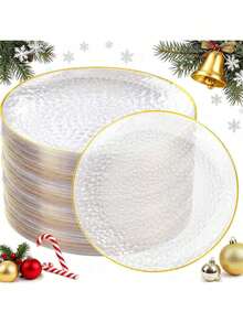1/12/25/50pcs European Style Luxury High-End Transparent Hammered Single Gold Rim Plates, Elegant Western Plates & Dessert Plates, Suitable For Weddings, Parties, Birthdays, Afternoon Tea, Family Gatherings, Hotels, Festivals, Reusable Tableware - Clear - View 2