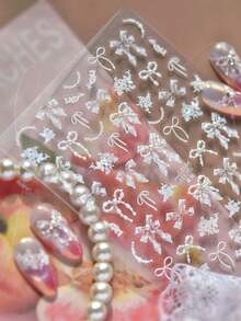 1件白色蕾丝蝴蝶结缎带饰边蝴蝶结丝绸纱花床爱心珍珠链水钻美甲贴纸 - 白色 - 查看 1