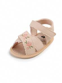 Infant/Toddler Girls' PU Leather Soft Bottom Open Toe Floral Princess Flat Sandals, Summer - Apricot - View 3