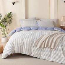 King Size Duvet Cover Blue Striped Washed Microfiber Jacquard 3 Pieces Bedding Set White Blue Vertical Ticking Stripes Pattern Comforter Cover With Zipper Closure Breathable Durable Soft Comfy - 藍色條紋無被子 - 查看 8