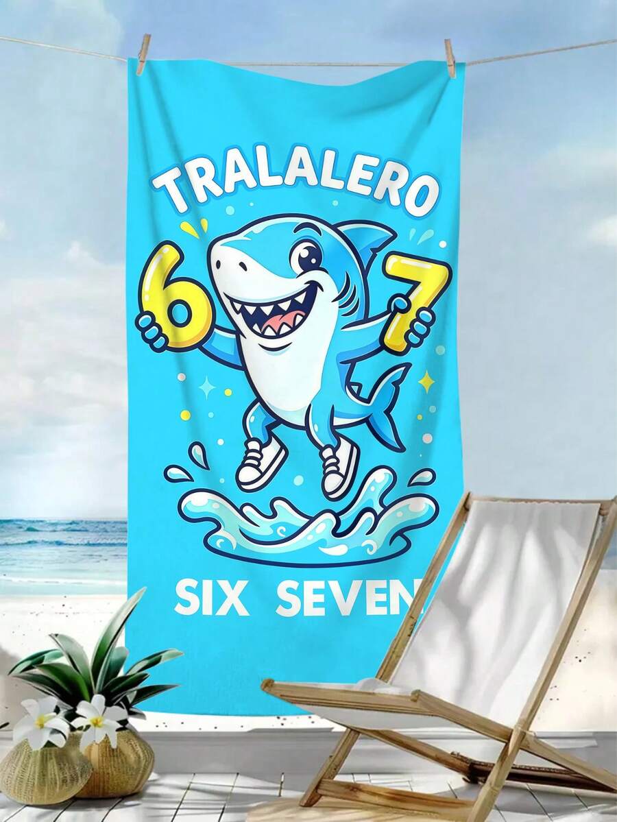 1pc Personalized "67" Cartoon Shark Beach Towel, "SIX SEVEN" Printed Super Soft Quick-Dry Large Beach Towel, Suitable For Bathroom, Swimming, Fitness, Yoga, Camping, Soft And Comfortable Microfiber Towel, Lightweight And Portable, Windproof And Sun-Proof, Summer Travel Sand-Proof, Beach Resort Essential Gift Shawl Beach Towel (Single-Sided Printing) - Cartoon Shark - View 1