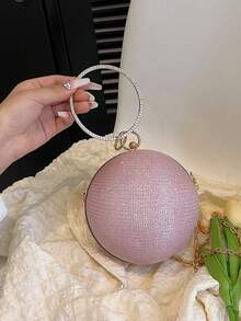 New Luxury Rhinestone Embellished Round Handbag, Chain Strap Messenger Bag, Glamorous Evening Clutch - Pink - View 2