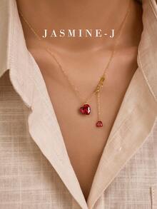 1pc S925 Sterling Silver Double Heart Pendant Necklace,Red Diamond Heart Pendant Necklace,Gold Necklace,Minimalist Elegance,Suitable For Women To Wear Daily - Multicolor - View 11