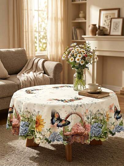 1件装复古花卉桌布，带蕾丝边，水彩蝴蝶绣球向日葵和复古卡车印花，防水防污涤纶桌布，可水洗，适用于厨房客厅的餐桌装饰，春季家居装饰和母亲节派对用品