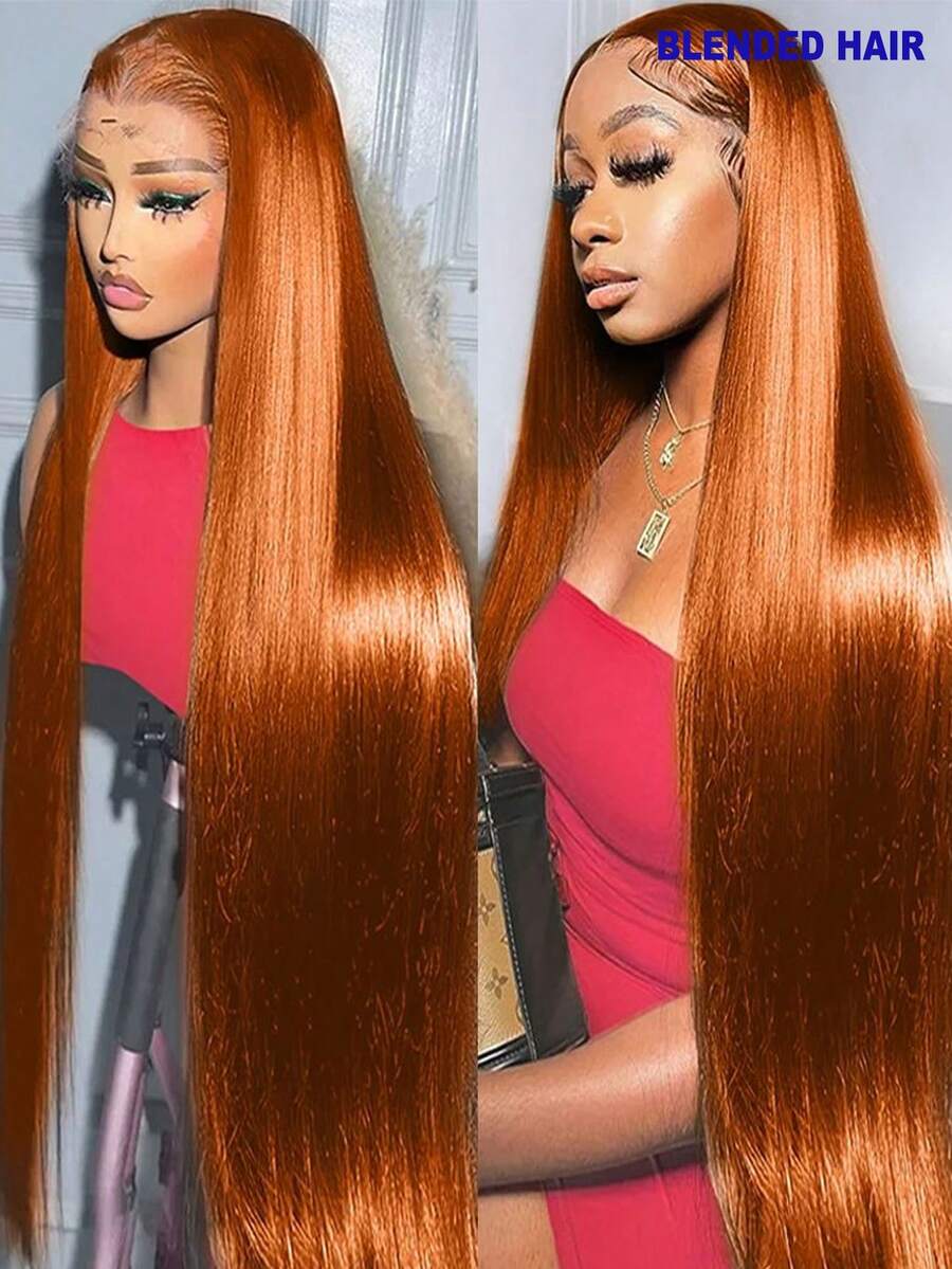 13x4英寸高密度透明蕾丝前假发，200%密度直发际线假发，预修剪发际线，漂白发结，易于佩戴的混合发色，#350姜金色，适合日常佩戴，8-34英寸 - S350 - 查看 1