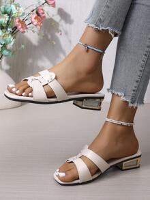 Women's Summer New High Heel Sandals, Fashionable Low Heel Slide Sandals, Outdoor Beach Daily Wear Slip-On Slippers - Beige - View 3