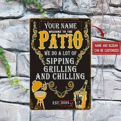 12" X 8" Vintage Metal Sign With "Welcome To The Patio" Mural, Featuring Barbecue And Relaxation Themes, Customizable Name/Text, Durable Indoor/Outdoor Decor For Home, Restaurant, Patio, Terrace, Outdoor, Classic American Style, Smooth Flat Surface, 2D