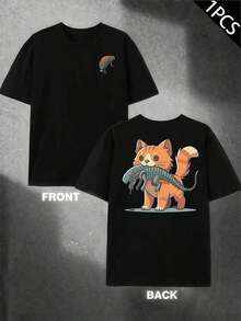 Camiseta con estampado de gato extraterrestre, 100 % algodón, ajuste cómodo, transpirable, informal, estampado llamativo, impresión a doble cara. - Negro - Ver 1