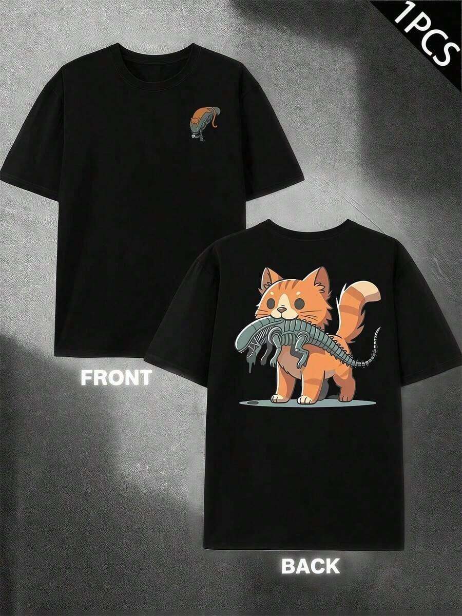 Camiseta con estampado de gato extraterrestre, 100 % algodón, ajuste cómodo, transpirable, informal, estampado llamativo, impresión a doble cara. - Negro - Ver 1